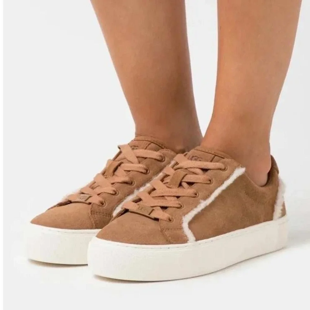 UGG Jass Suede Shearling Platform Sneakers Chestnut Brown Women 7